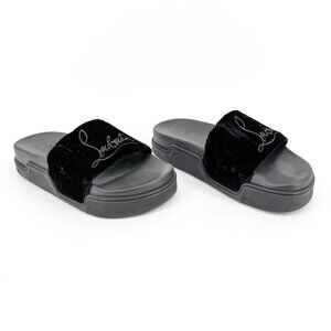 Christian Louboutin 'Navy Pool' Slide Sandals Size 37 US 7 Black Velvet Logo 32